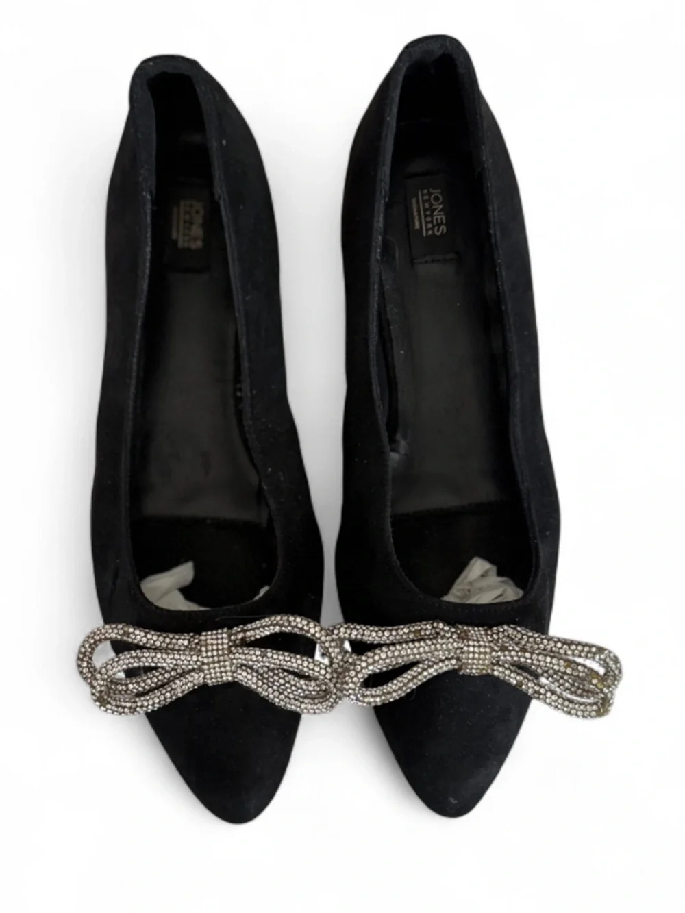 Jones New York Black Suede Pointed Flats with Crystal Bow Accent